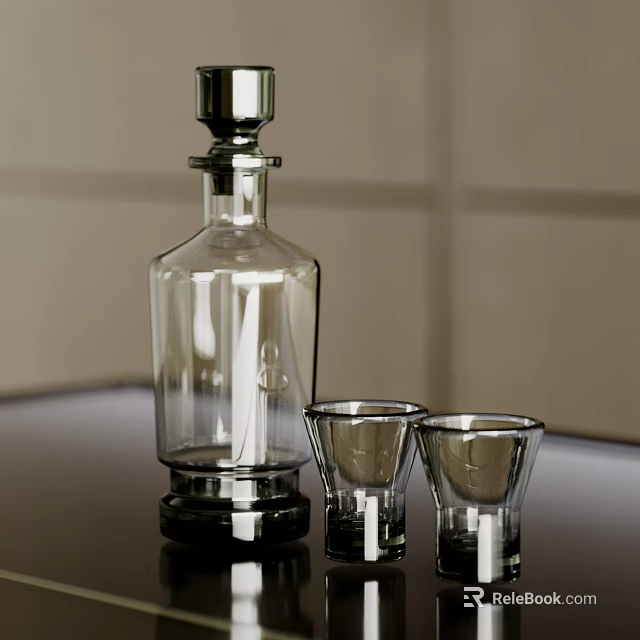 Small Glass Shot Glasses With Clear Glass Decanter On Black Countertop And Light Colored Wall 3d model 