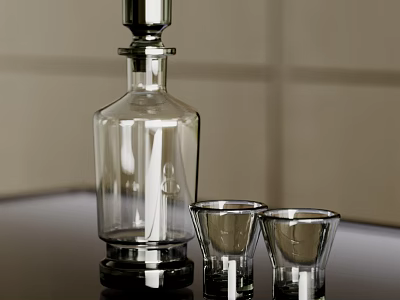 Small Glass Shot Glasses With Clear Glass Decanter On Black Countertop And Light Colored Wall 3d model