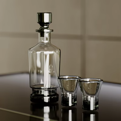 Small Glass Shot Glasses With Clear Glass Decanter On Black Countertop And Light Colored Wall 3d model