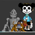 Cartoon Character With Headphones And Robot Standing With Small Figures On Blue Ring Base
