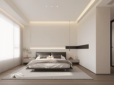 Modern Bedroom Interior With Large Bed Headboard Wall LED Strip Lighting Nightstands And Area Rug 3d model