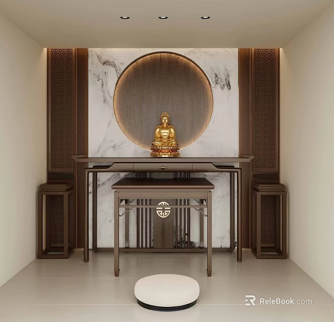 Chinese Style Study Room With Buddha Statue Circular Decor And Wooden Furniture 3d model 
