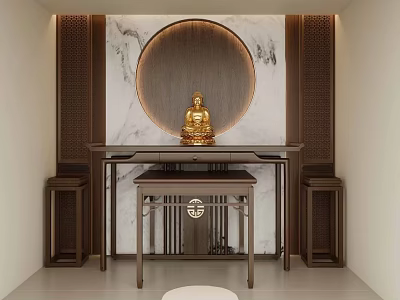 Chinese Style Study Room With Buddha Statue Circular Decor And Wooden Furniture 3d model