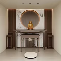 Chinese Style Study Room With Buddha Statue Circular Decor And Wooden Furniture