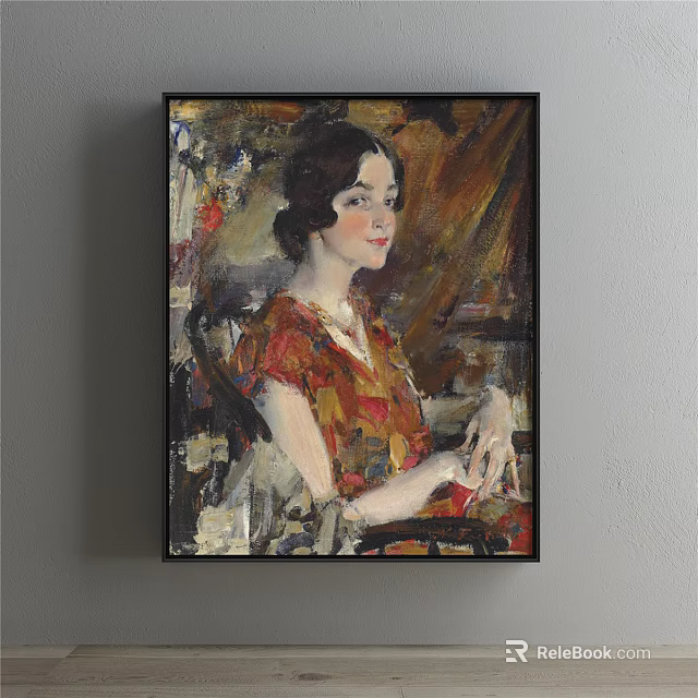 Portrait Painting of a Woman in Red Dress with Colorful Background and Artistic Details 3d model 