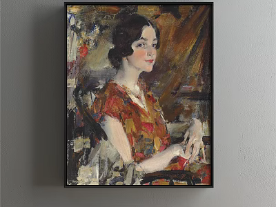 Portrait Painting of a Woman in Red Dress with Colorful Background and Artistic Details 3d model