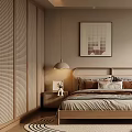 Modern Bedroom Interior With Wooden Bed Decorative Painting Nightstand Table Lamp And Area Rug