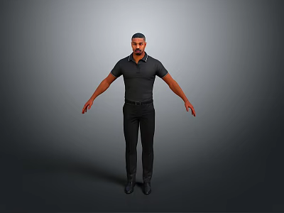Standing Man In Black Polo Shirt And Pants With Arms Outstretched 3d model