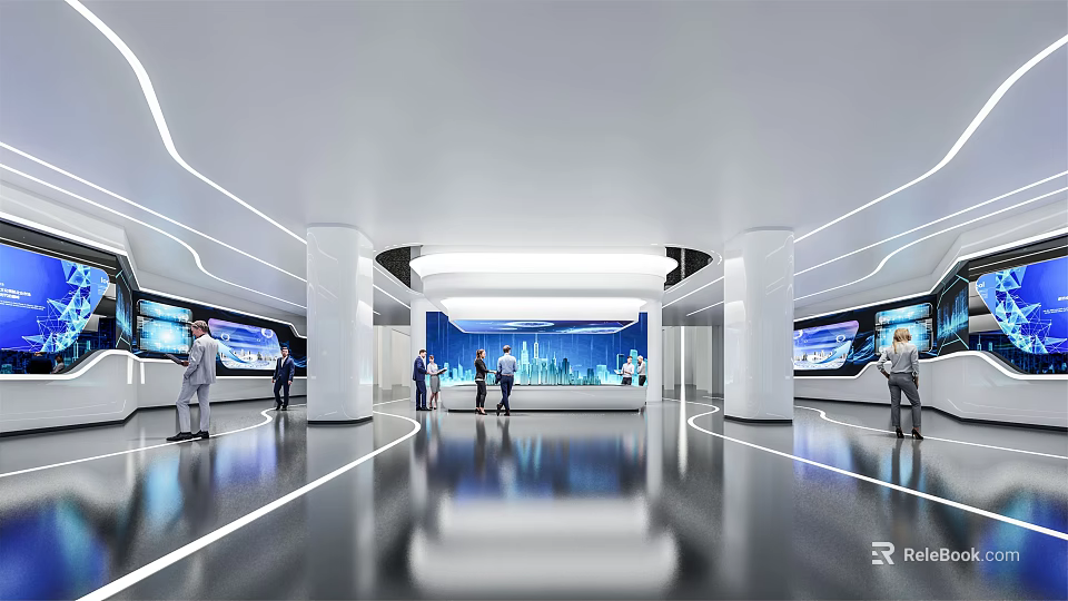 Modern Tech Exhibition Hall With Large Display Screens People And Contemporary Lighting Design 3d model 