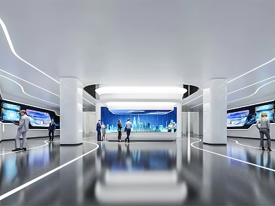 Modern Tech Exhibition Hall With Large Display Screens People And Contemporary Lighting Design 3d model