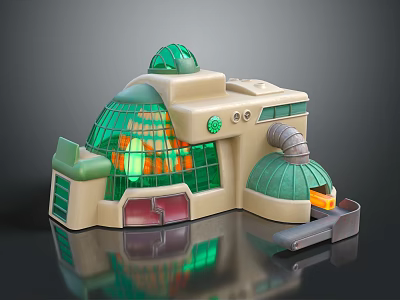 Futuristic Building Design Featuring Domed Roof Green Glass Windows Beige Structure And Illuminated Interior 3d model