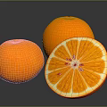 Three fresh oranges with one sliced showing juicy pulp and seeds on dark background