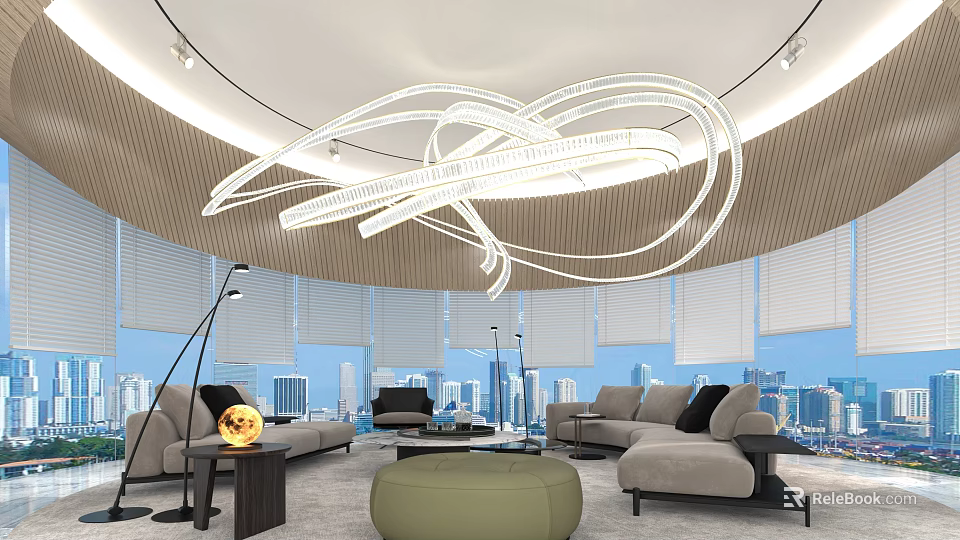 Modern Casual Area With Sofa Carpet Floor Lamp Circular Chandelier And City View 3d model 