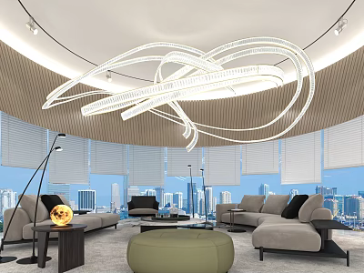 Modern Casual Area With Sofa Carpet Floor Lamp Circular Chandelier And City View 3d model