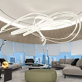 Modern Casual Area With Sofa Carpet Floor Lamp Circular Chandelier And City View