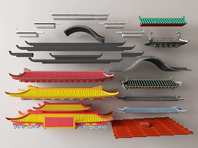 Traditional Chinese Architectural Components Featuring Colorful Roofs And Various Eaves Designs 3d model
