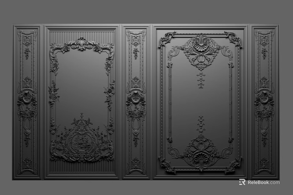 Classical Black Wall Panel With Ornate Carved Patterns And Symmetrical Designs 3d model 