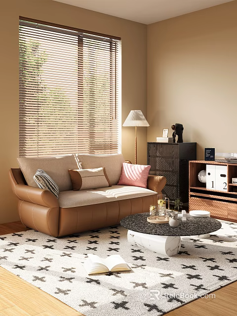Bright Sunlit Cozy Modern Living Room With Comfortable Leather Sofa And Elegant Home Furniture 3d model 