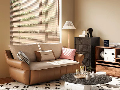 Bright Sunlit Cozy Modern Living Room With Comfortable Leather Sofa And Elegant Home Furniture 3d model