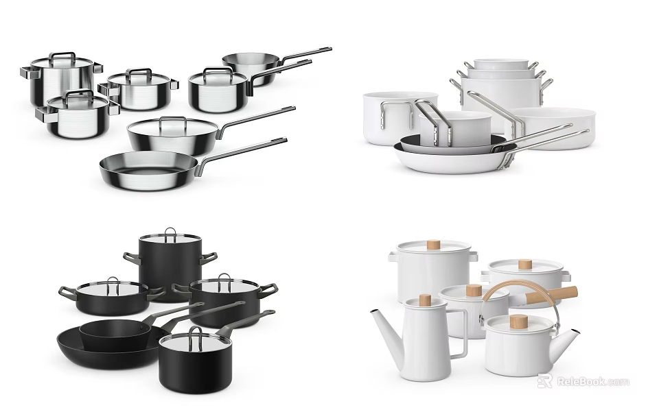 Stainless Steel Cookware Set With Black White Pots Pans And Wooden Handles 3d model 