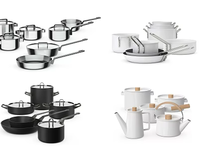 Stainless Steel Cookware Set With Black White Pots Pans And Wooden Handles 3d model