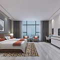 Modern Hotel Room Interior With Twin Beds TV Colorful Rug And Decorative Paintings