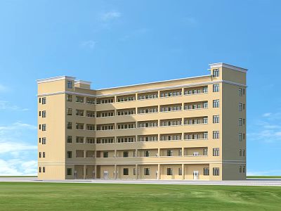 Yellow Multi Story School Building With Neat Windows Green Lawn And Blue Sky 3d model