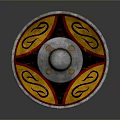 Traditional Shield Sculpture Featuring Intricate Carving Yellow Black Pattern And Red Curved Motifs
