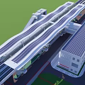 Modern White Transportation Hub With Solar Panel Roof And Railway Tracks Structure