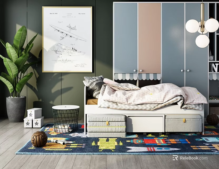 Kids Bed with Storage Drawers Colorful Rug Toys Decorative Painting and Green Plant 3d model 