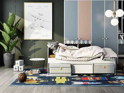 Kids Bed with Storage Drawers Colorful Rug Toys Decorative Painting and Green Plant 3d model