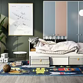 Kids Bed with Storage Drawers Colorful Rug Toys Decorative Painting and Green Plant