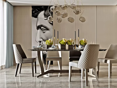 Elegant Modern Dining Table Set With Marble Tabletop Upholstered Chairs And Decorative Candle Centerpieces 3d model