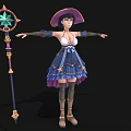 Fantasy Woman Character in Blue Star Patterned Dress with Hat and Magical Staff