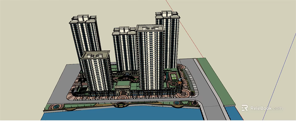 Modern Waterfront Commercial Street With High Rise Buildings And Green Plaza 3d model 