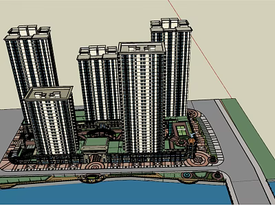 Modern Waterfront Commercial Street With High Rise Buildings And Green Plaza 3d model