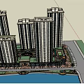 Modern Waterfront Commercial Street With High Rise Buildings And Green Plaza