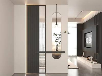 Modern Entryway Interior Design With Mirror Console Table And Hanging Lighting Fixture 3d model