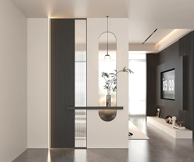Modern Entryway Interior Design With Mirror Console Table And Hanging Lighting Fixture 3d model