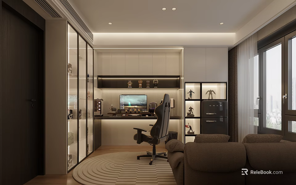 Modern Home Office Living Space With Desk Computer Monitor Office Chair Sofa Cabinetry And Rug 3d model 