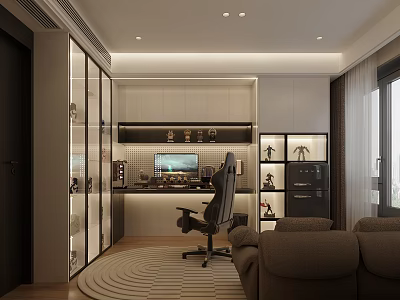 Modern Home Office Living Space With Desk Computer Monitor Office Chair Sofa Cabinetry And Rug 3d model