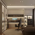 Modern Home Office Living Space With Desk Computer Monitor Office Chair Sofa Cabinetry And Rug