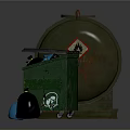 Military Green Fuel Tank With Red Danger Sign Alongside Green C4 Box And Small Spheres