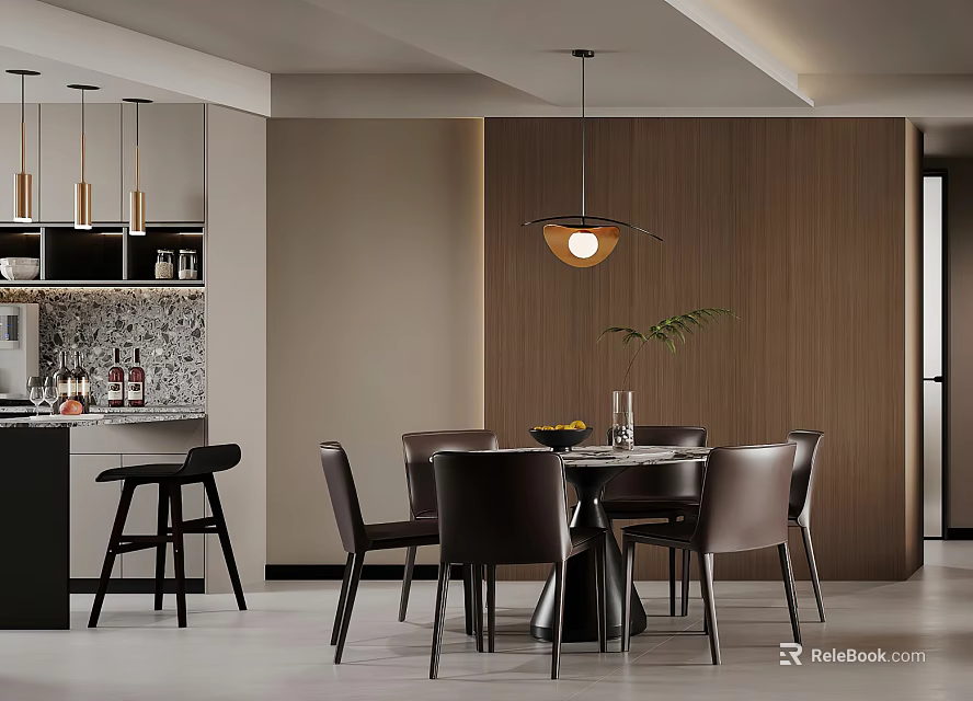 Modern Restaurant Interior With Round Dining Table Leather Chairs Pendant Light Wooden Wall Bar Counter 3d model 