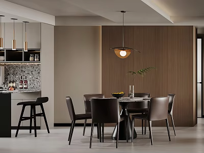 Modern Restaurant Interior With Round Dining Table Leather Chairs Pendant Light Wooden Wall Bar Counter 3d model