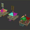 Cartoon Scenery With Three Traditional Style Wooden Buildings Green Roofs Red Flags And Stone Steps