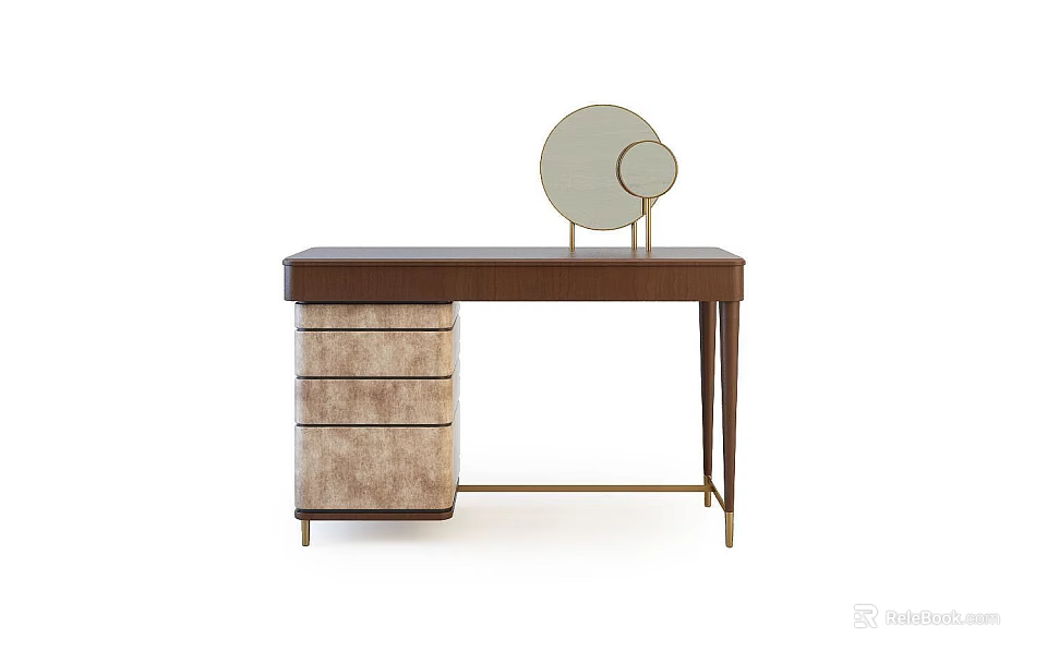 Elegant Dressing Table With Brown Top Patterned Drawers Gold Legs And Round Mirrors 3d model