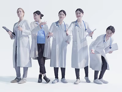 Diverse Medical Team in White Coats Posing with Clipboards and Stethoscopes 3d model