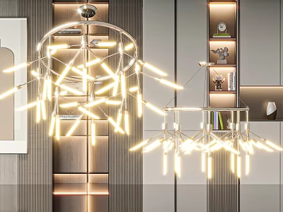 Modern Chandelier With Metal Frame LED Lights In Contemporary Interior With Wooden Walls And Bookshelves 3d model