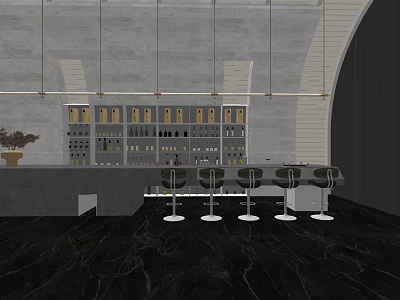 Modern Bar Design with Counter Wine Racks Bar Stools Black Marble Floor and Gray Walls 3d model
